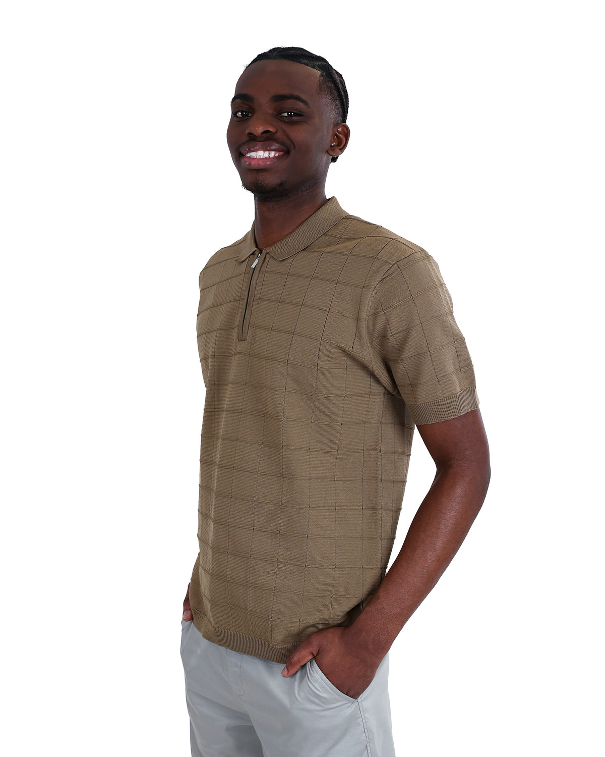 Short Sleeve Beige Zip Placket Golfer