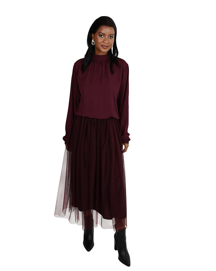 Burgundy Mesh Flared Midi Skirt