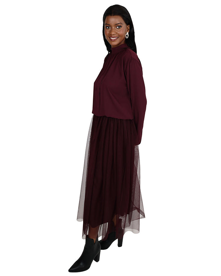 Burgundy Mesh Flared Midi Skirt