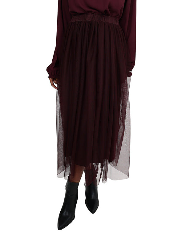 Burgundy Mesh Flared Midi Skirt