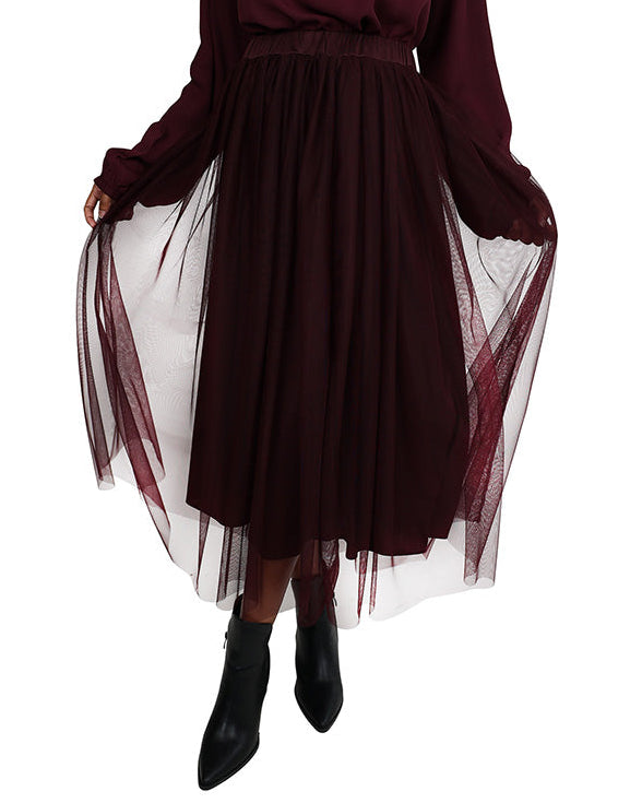 Burgundy Mesh Flared Midi Skirt