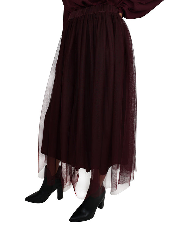 Burgundy Mesh Flared Midi Skirt