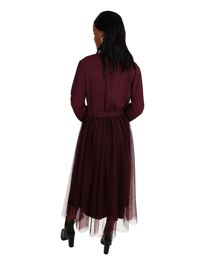 Burgundy Mesh Flared Midi Skirt