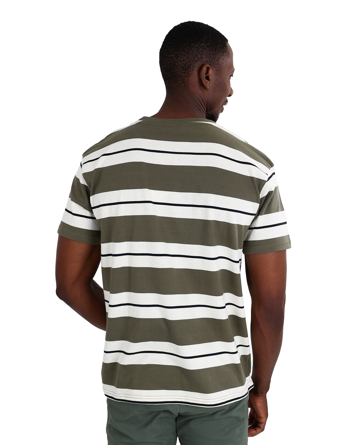 Short Sleeve Olive Wide Stripe Yarn-Dyed T-Shirt