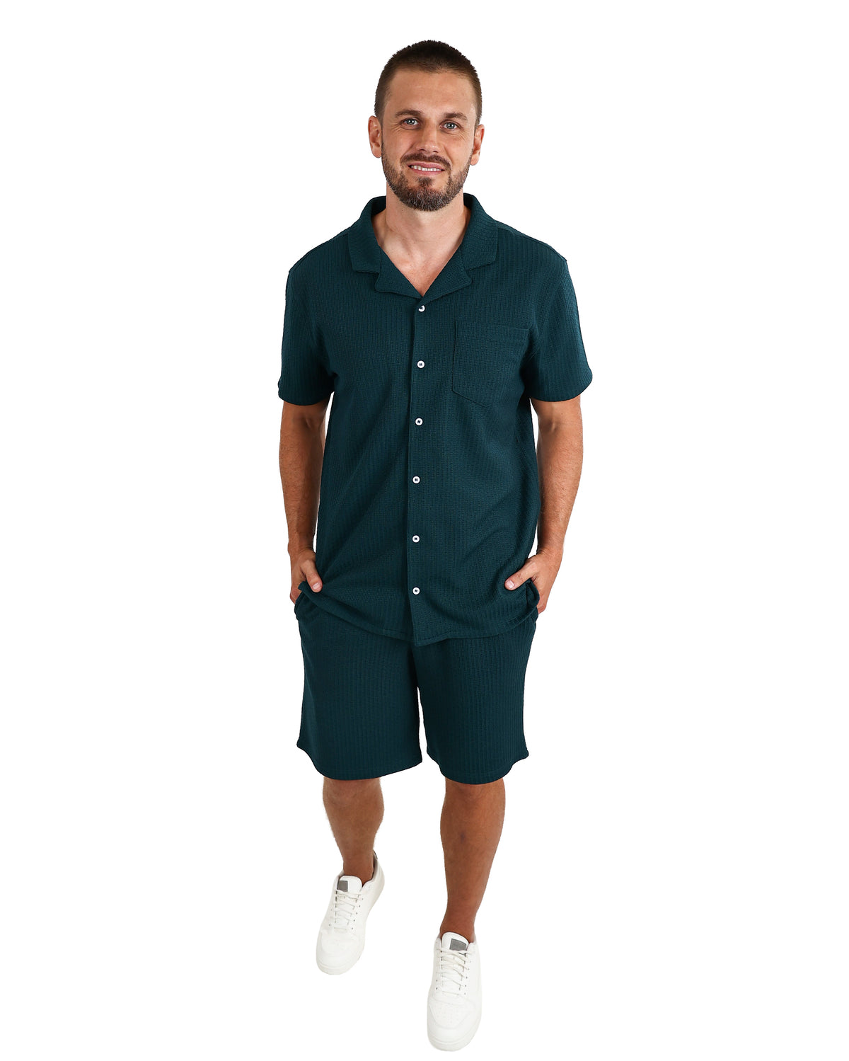 Short Sleeve Bottle Green Textured Shirt