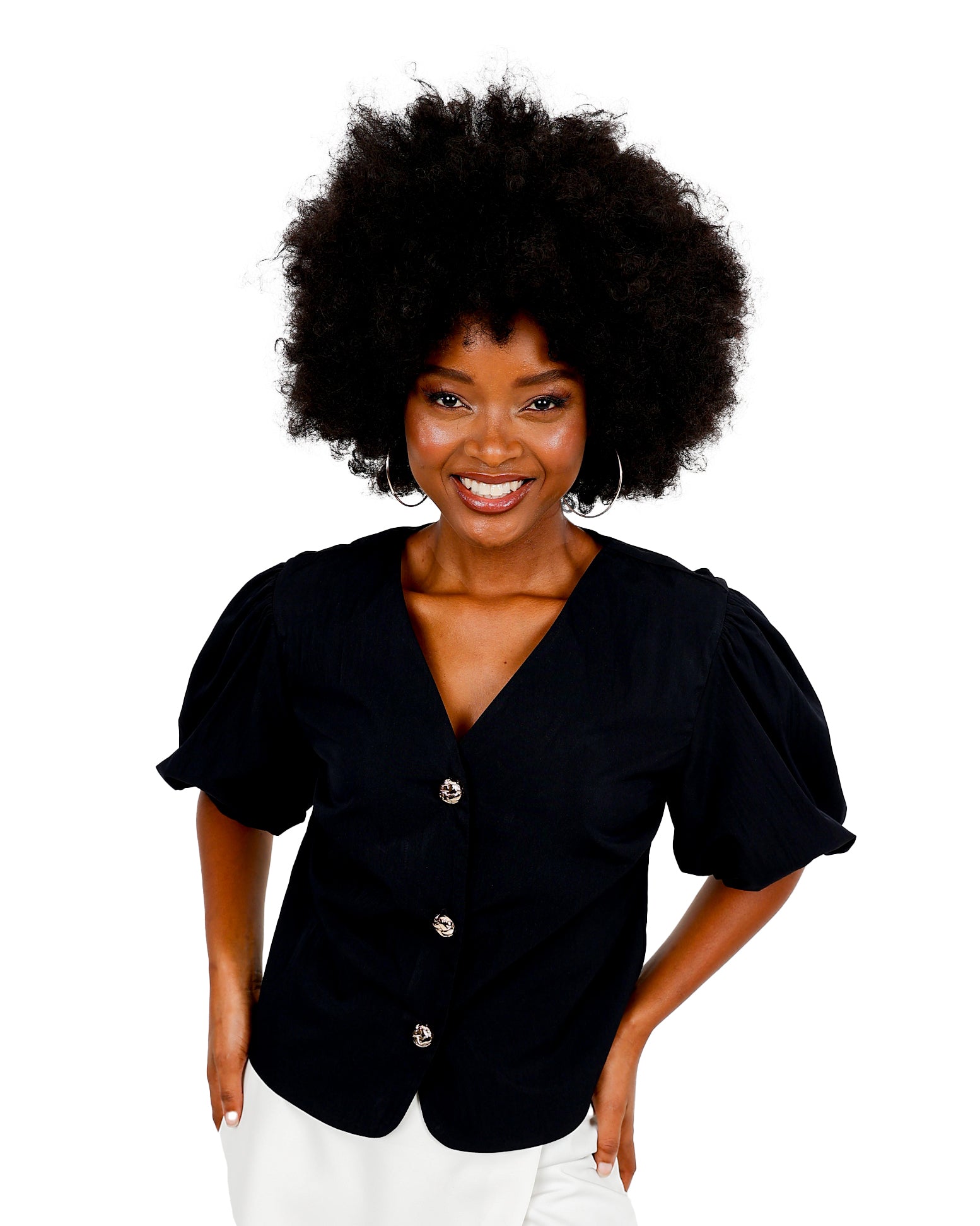 Short Puff Sleeve Gold Button Black Blouse
