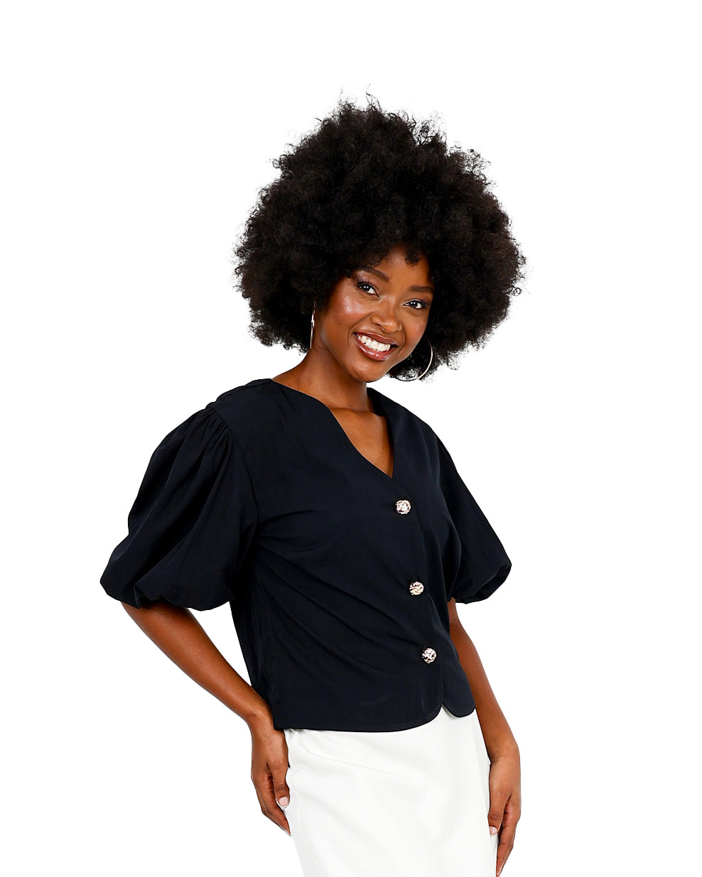 Short Puff Sleeve Gold Button Black Blouse
