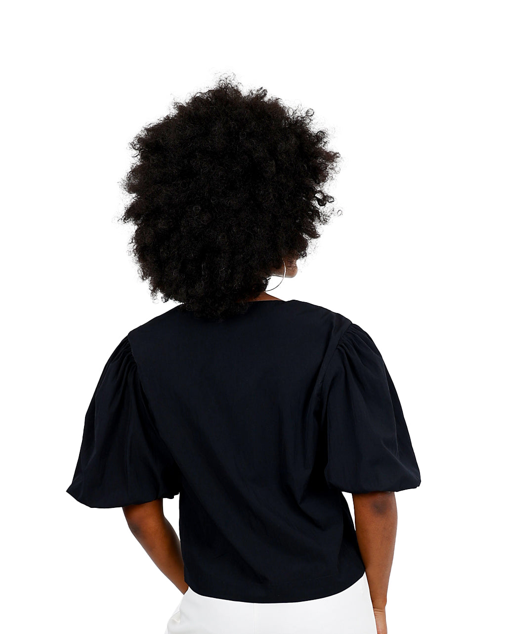 Short Puff Sleeve Gold Button Black Blouse