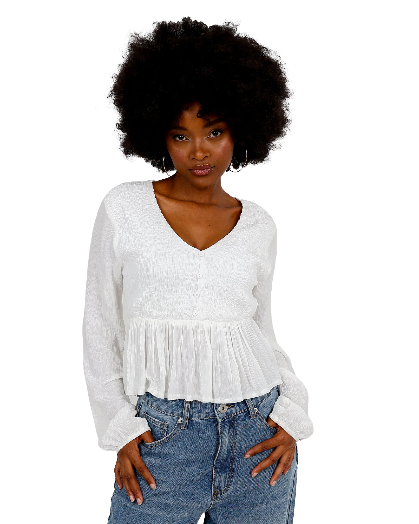 Long Sleeve Smocked Detail Peplum Blouse