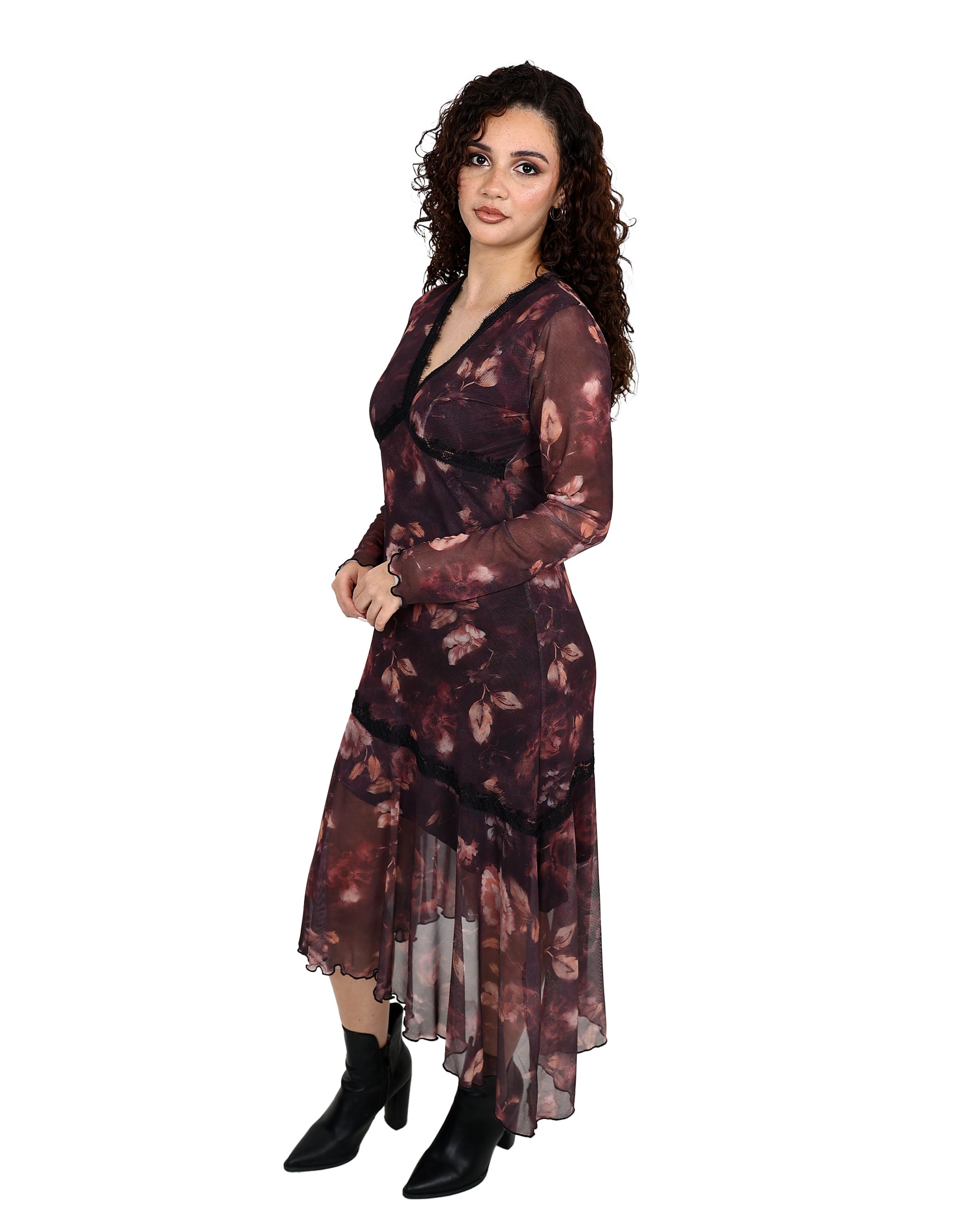 Moody Plum Floral Asymmetrical Midi Mesh Dress