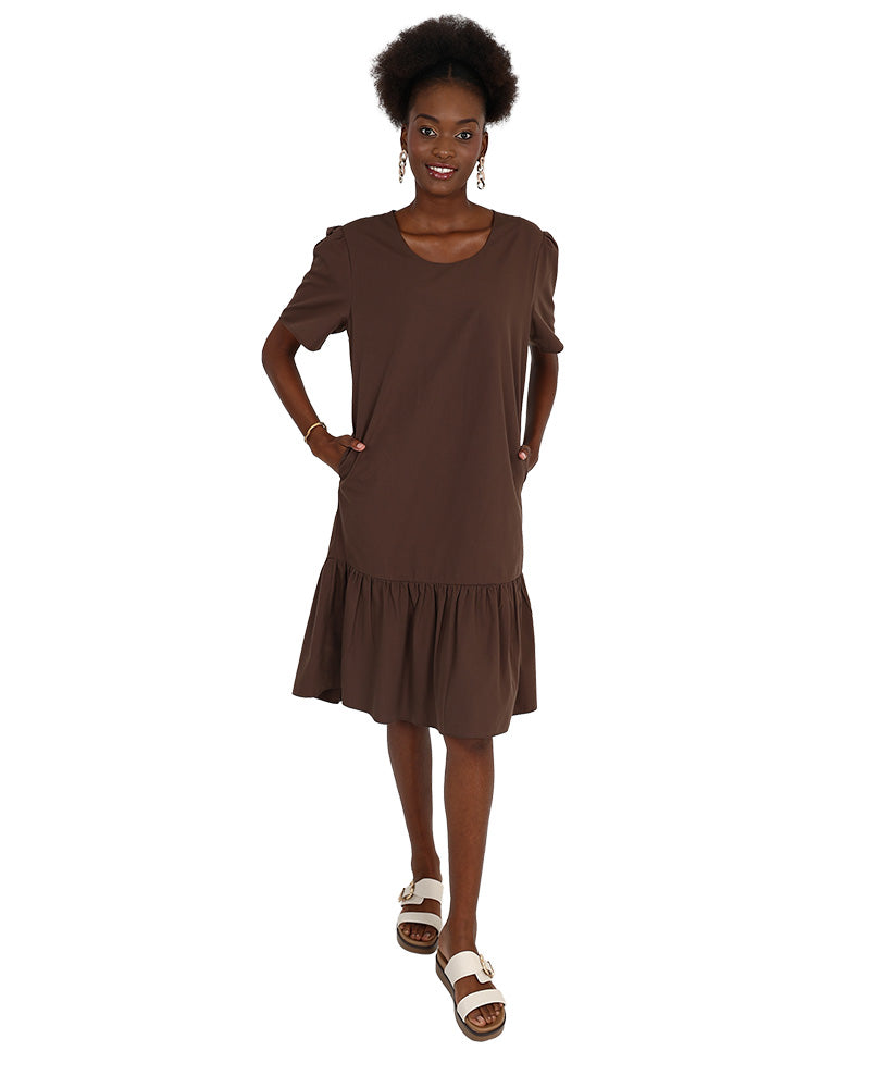 Short Sleeve Chocolate Knee Length Frill Detail Dress