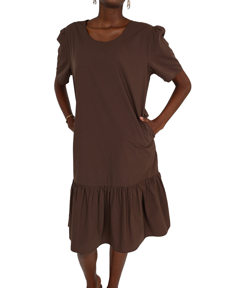 Short Sleeve Chocolate Knee Length Frill Detail Dress