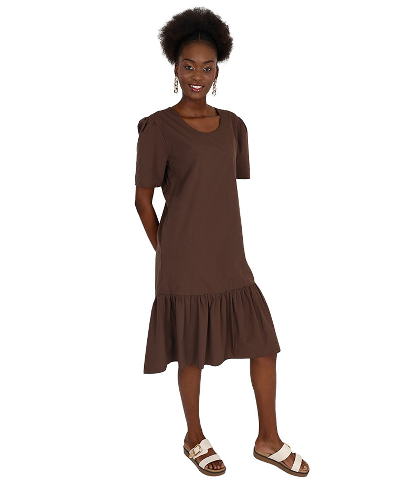 Short Sleeve Chocolate Knee Length Frill Detail Dress