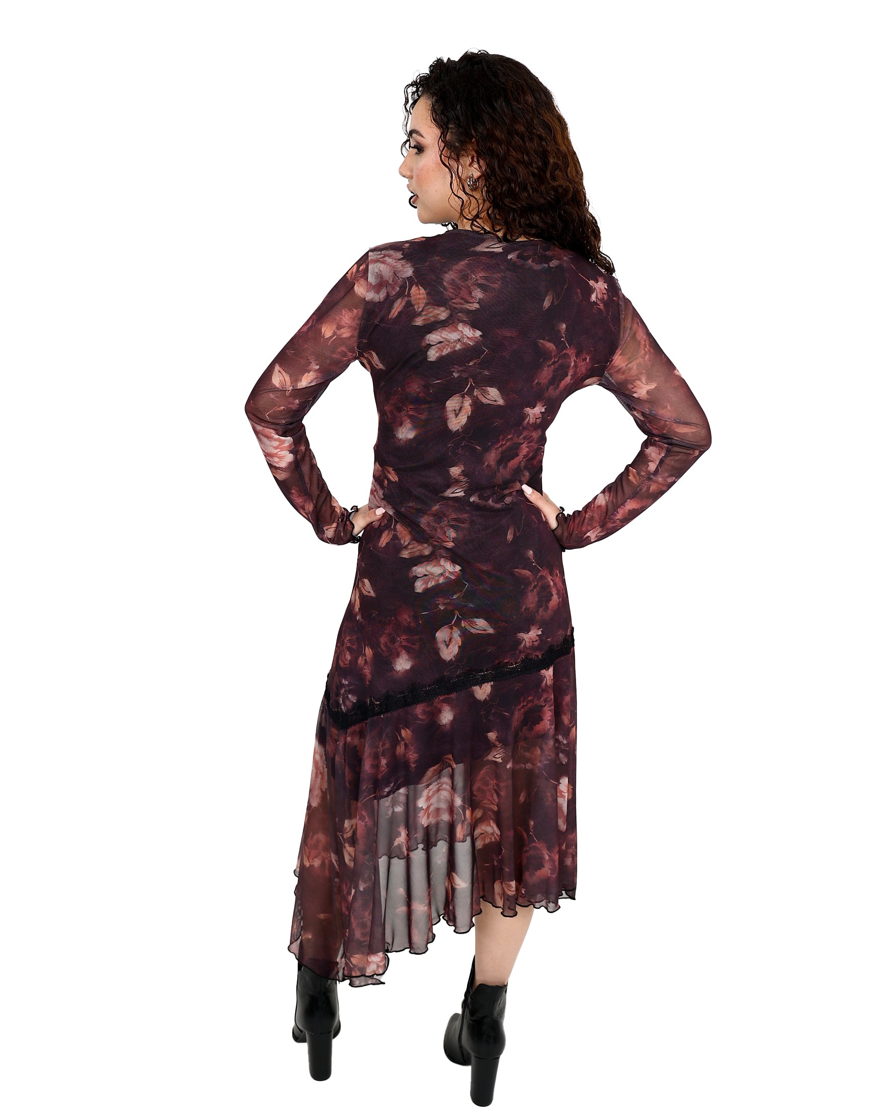 Moody Plum Floral Asymmetrical Midi Mesh Dress