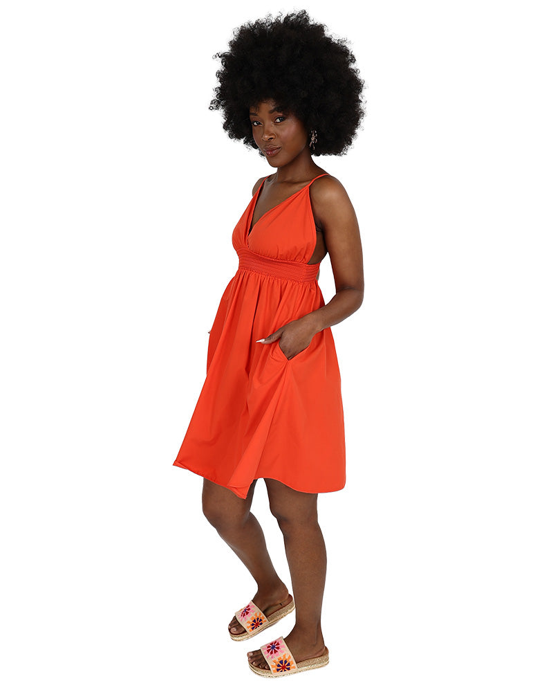 Labella Orange Cotton Strappy Flared Mini Dress
