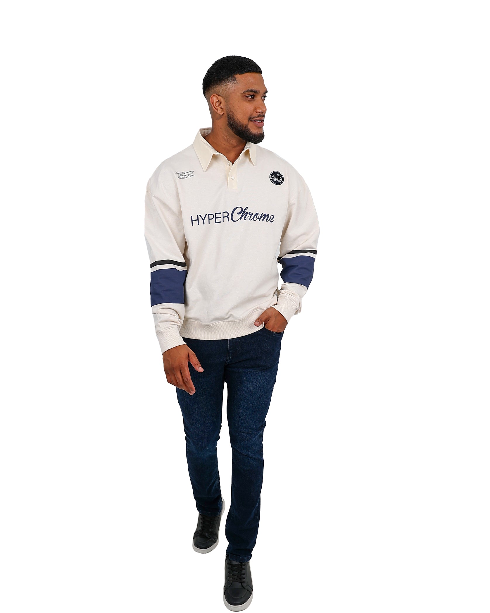 Long Sleeve Embroidered Cream Rugby Inspired Golfer