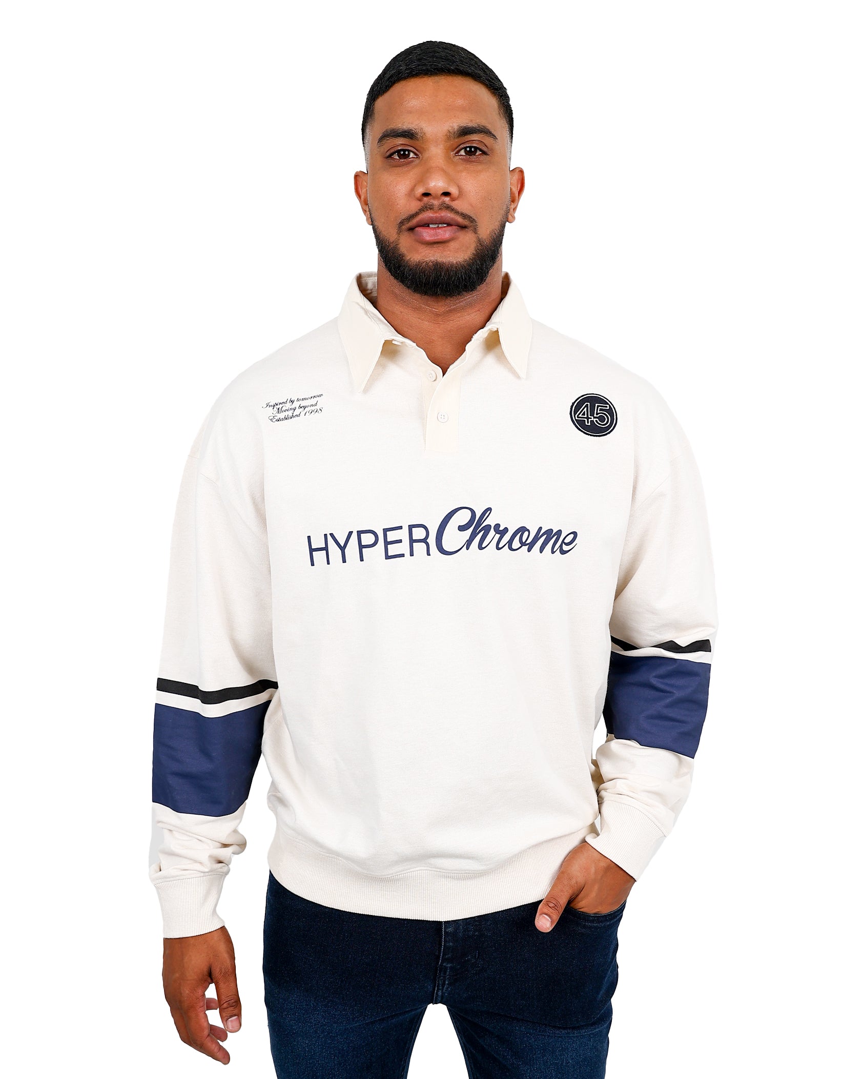 Long Sleeve Embroidered Cream Rugby Inspired Golfer