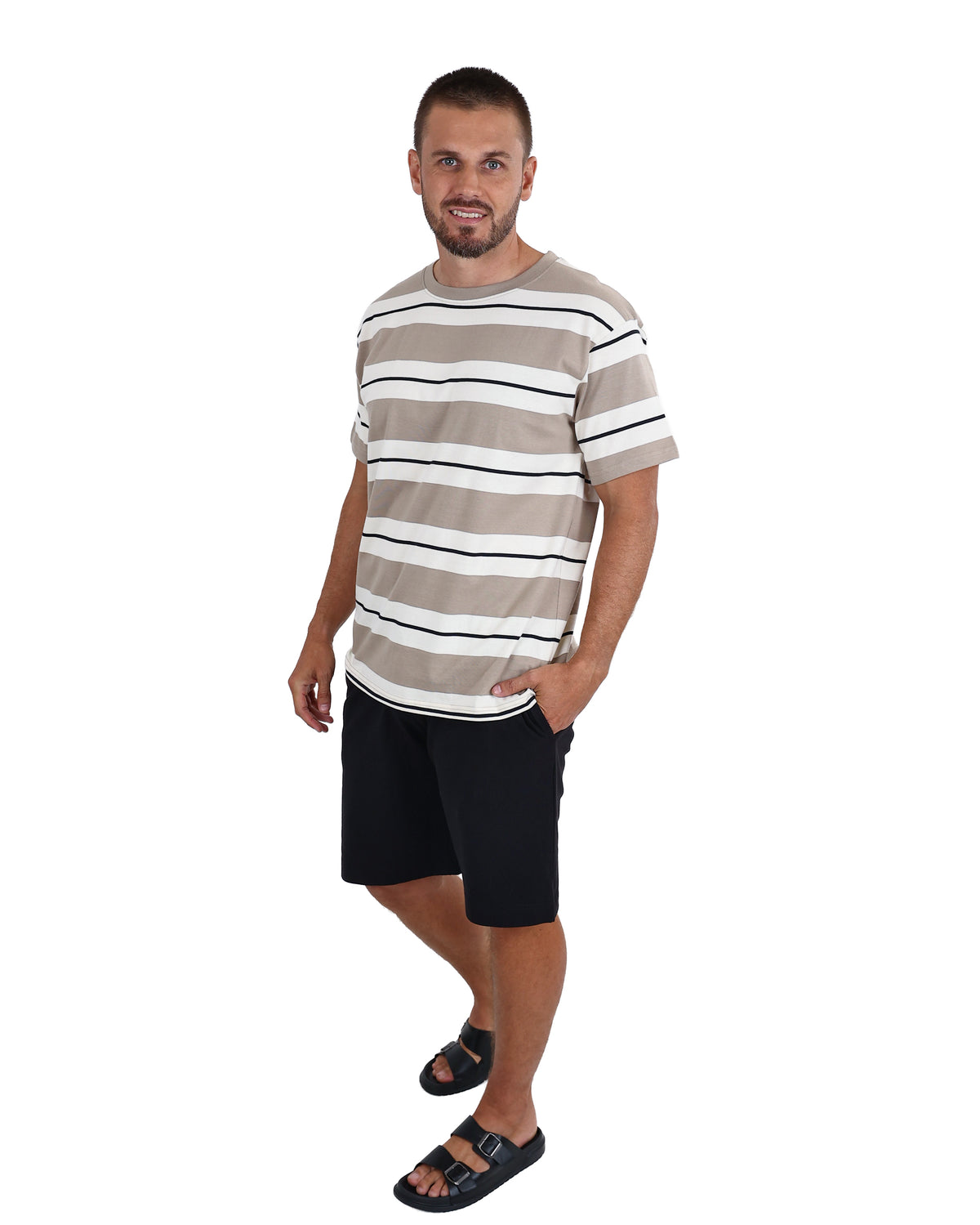 Short Sleeve Taupe Wide Stripe Yarn-Dyed T-Shirt