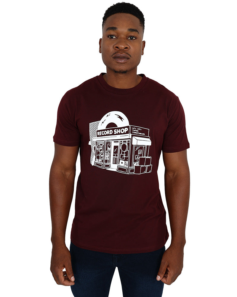 Short Sleeve Burgundy Record Shop Graphic T-Shirt