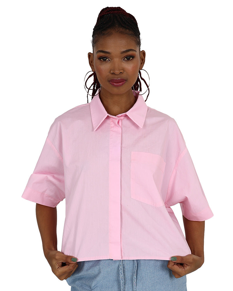 Short Sleeve Pink Oversized High Low Cotton Shirt