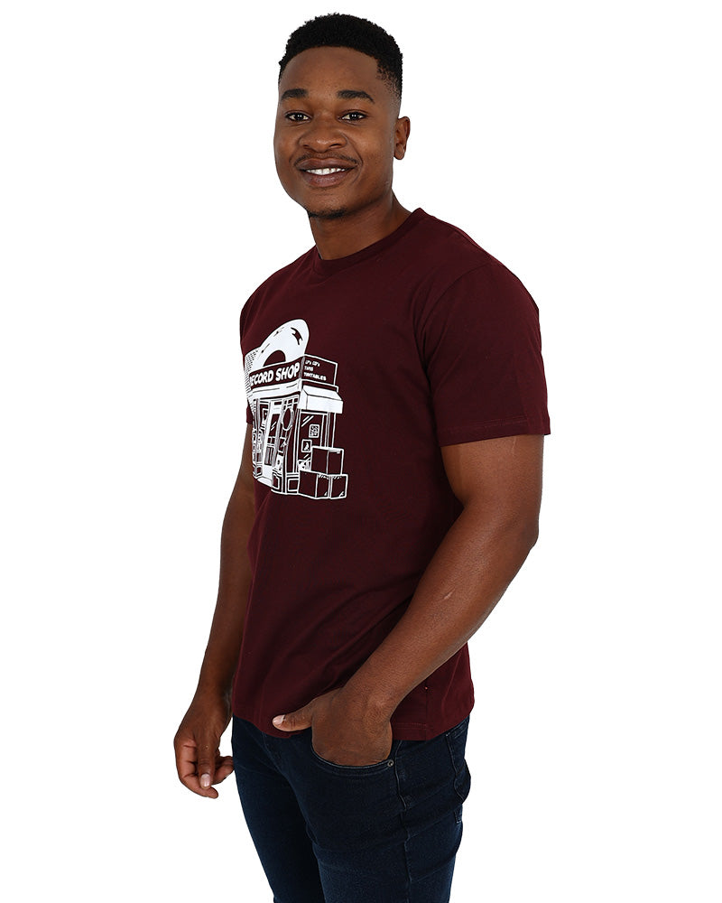 Short Sleeve Burgundy Record Shop Graphic T-Shirt