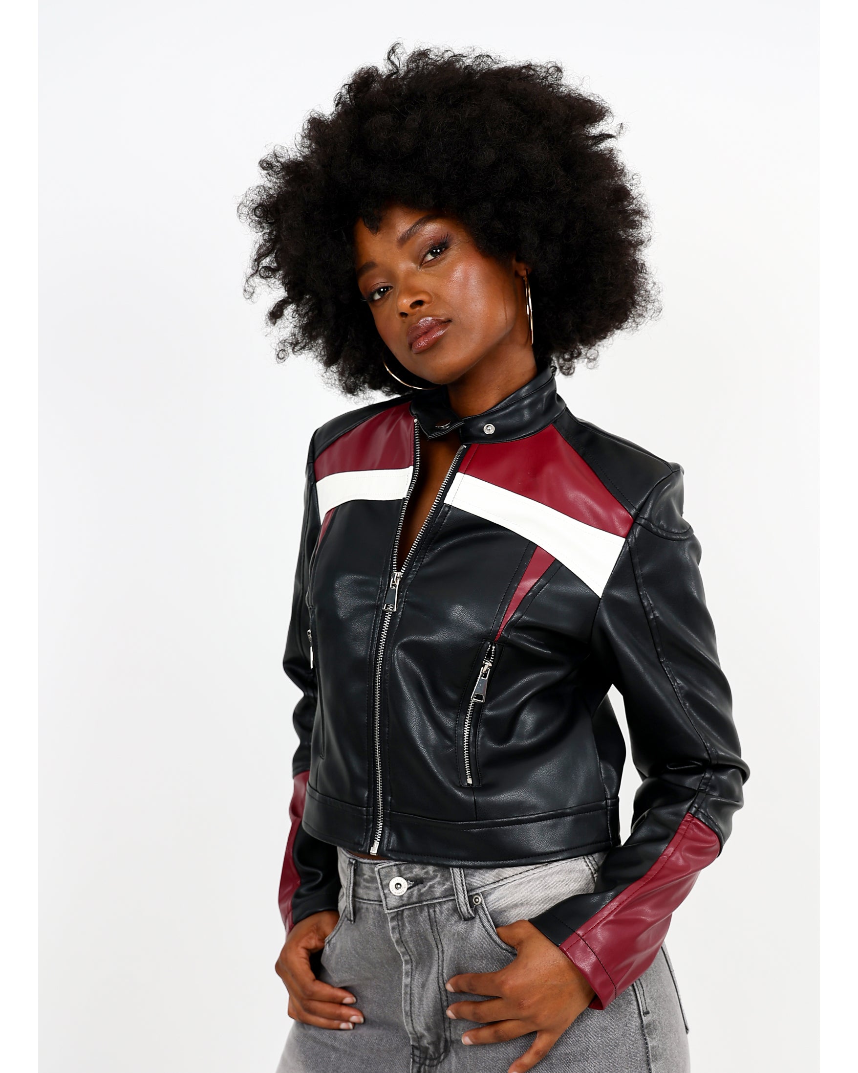 Black Colour Block Biker Jacket