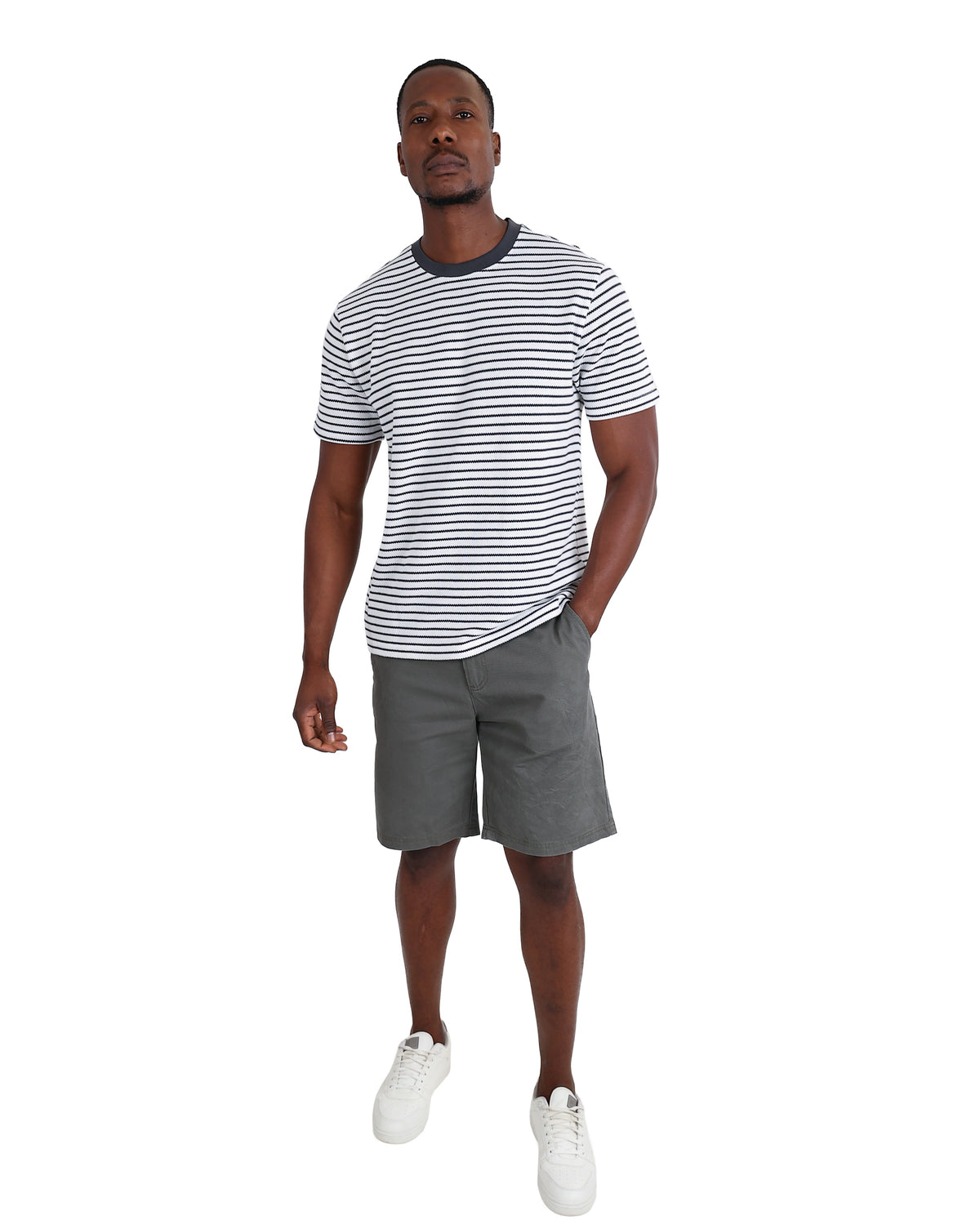 Short Sleeve Yarn Dyed White Striped T-Shirt