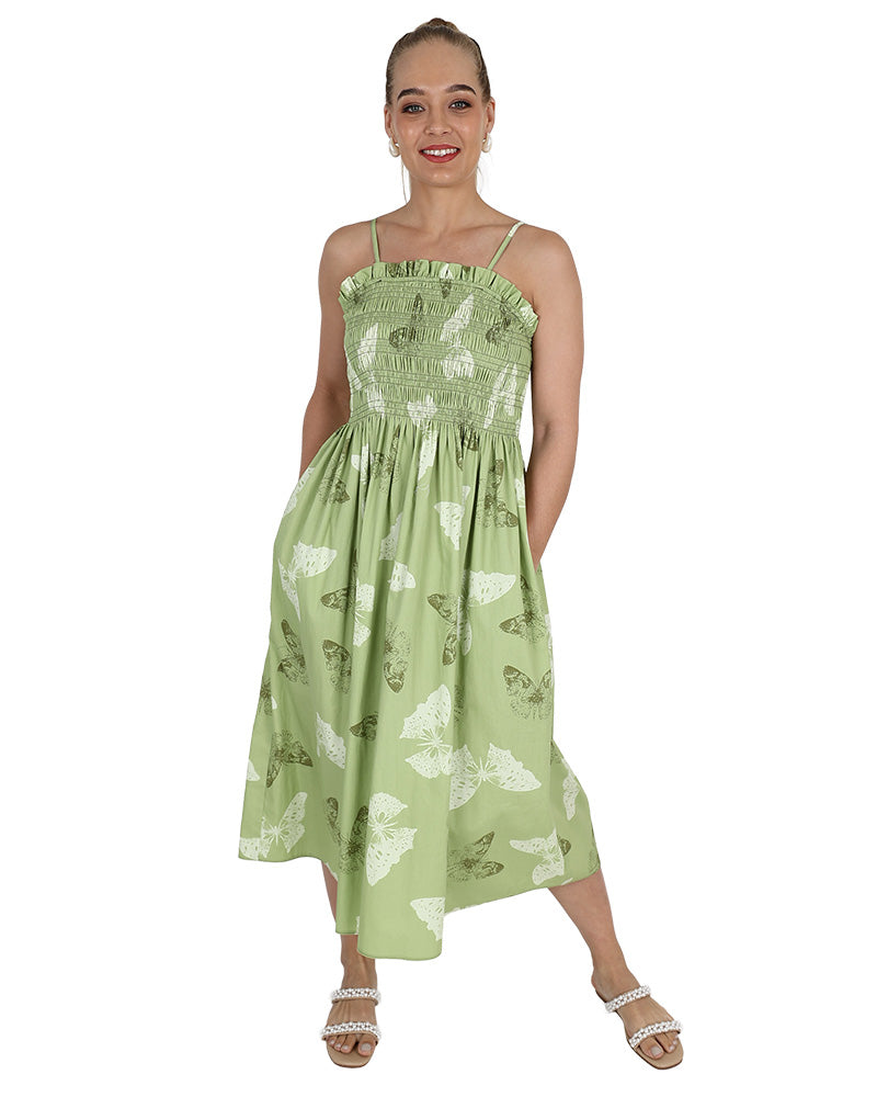Strappy Smocked Printed Midi Dress