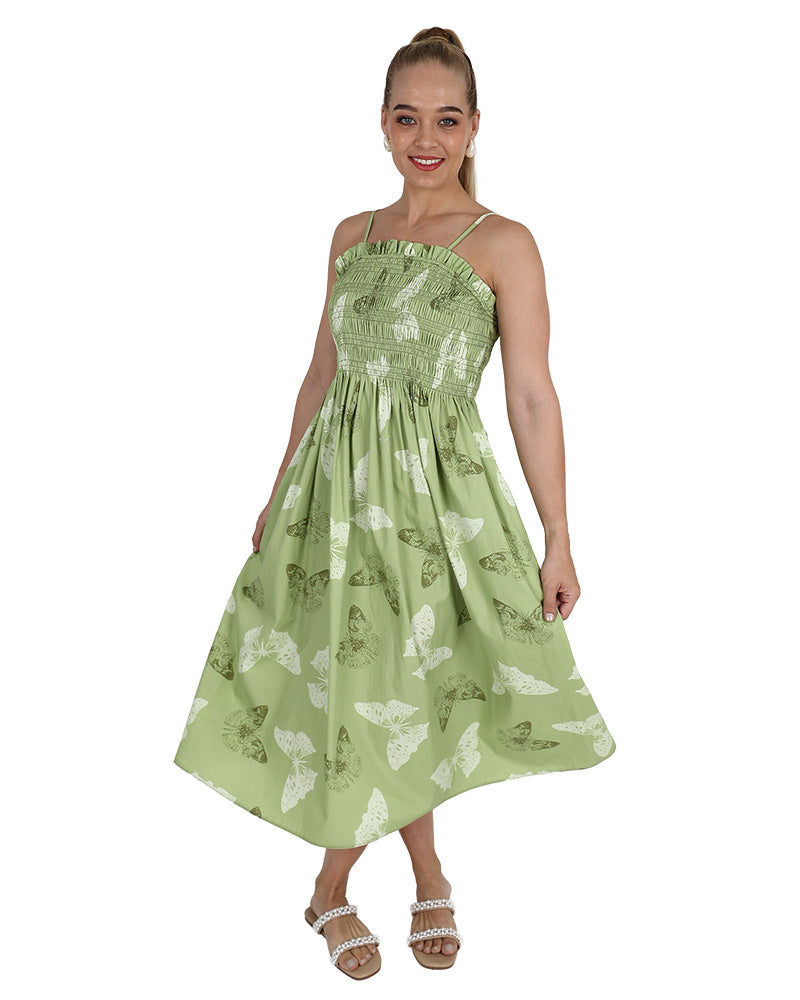 Strappy Smocked Printed Midi Dress