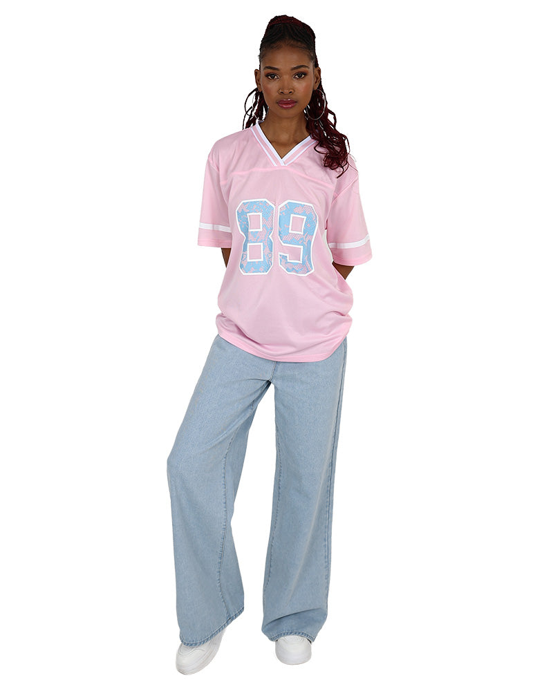 Short Sleeve Pink Oversized 89 Baseball Inspired T-Shirt