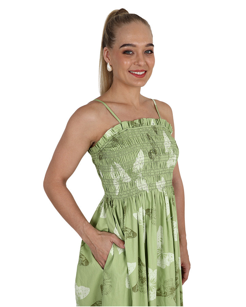 Strappy Smocked Printed Midi Dress
