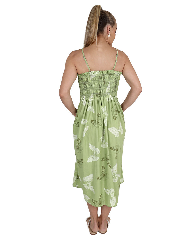 Strappy Smocked Printed Midi Dress