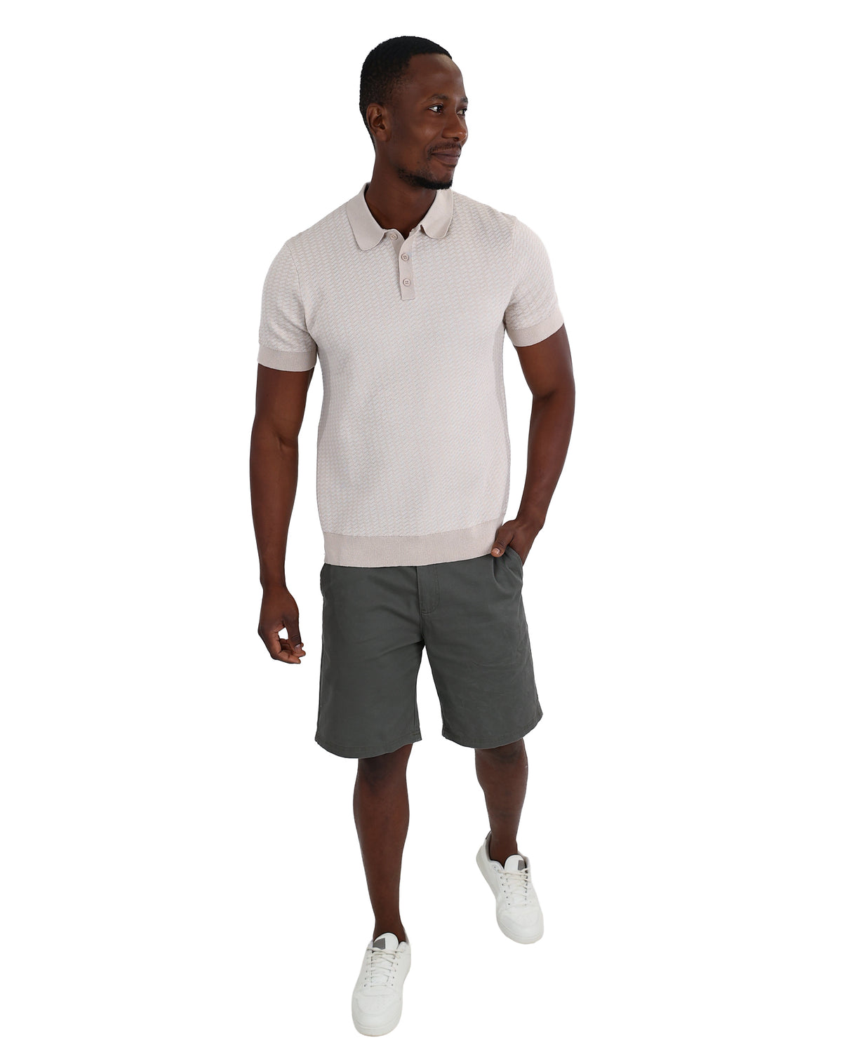 Short Sleeve Beige Textured Placket Golfer