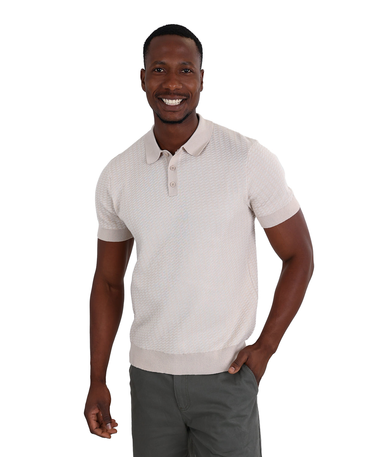 Short Sleeve Beige Textured Placket Golfer