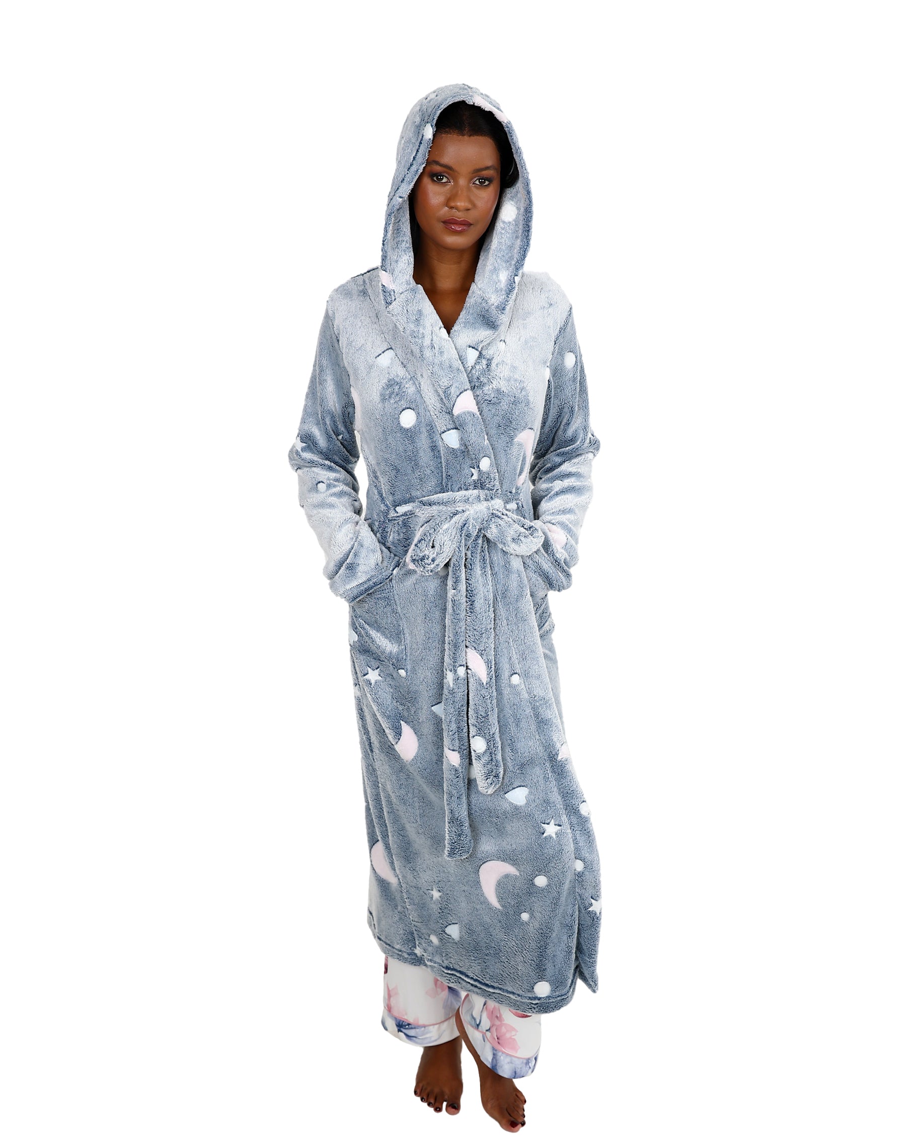 Long Sleeve Hooded Grey Coral Fleece Moon & Star Gown