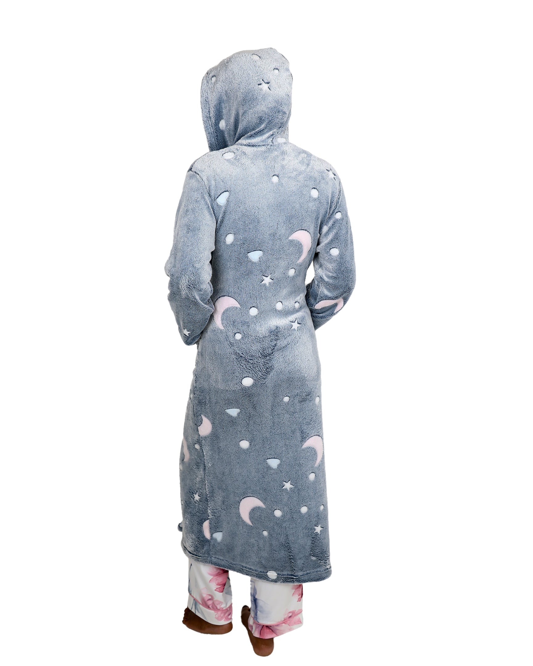 Long Sleeve Hooded Grey Coral Fleece Moon & Star Gown