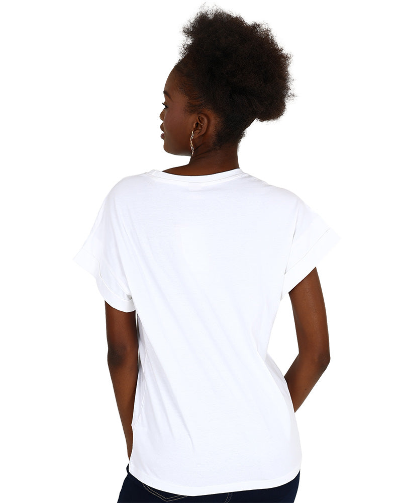 White Short Sleeve Turn Back T-Shirt