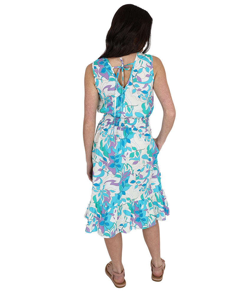 Sleeveless Aqua Leaf Print Smocked Waist Dress