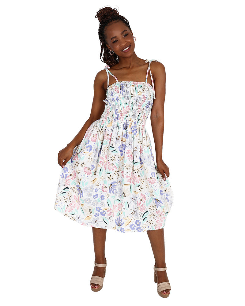 Strappy Pastel Floral Print Smocked Knee Length Dress