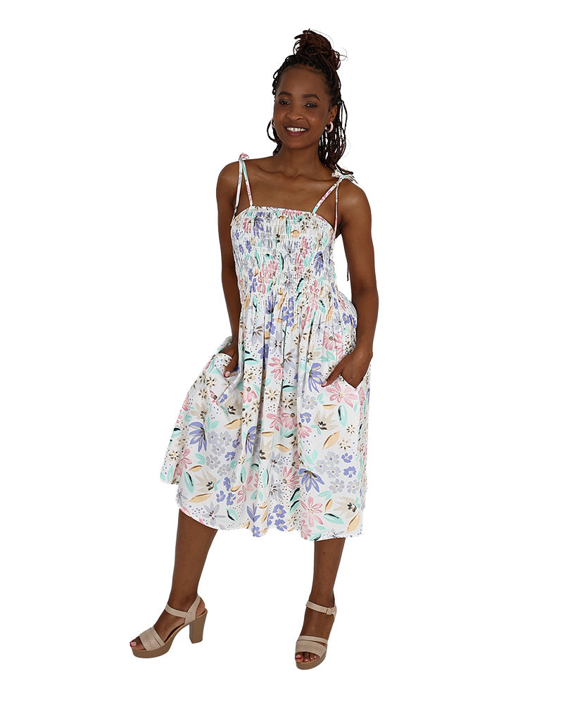 Strappy Pastel Floral Print Smocked Knee Length Dress