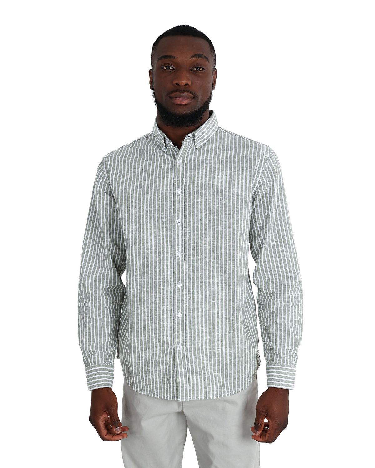 Long Sleeve Sage Slub Yarn Dyed Cotton Stripe Shirt
