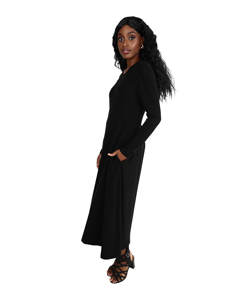 Long Sleeve Black Inverted Front Pleat Maxi Dress