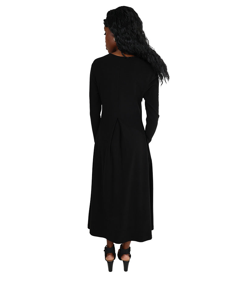 Long Sleeve Black Inverted Front Pleat Maxi Dress