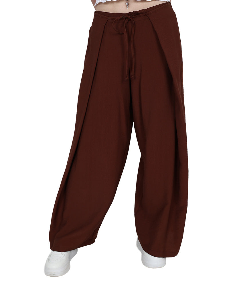 Brown Mock Wrap Wide Leg Crepe Pants