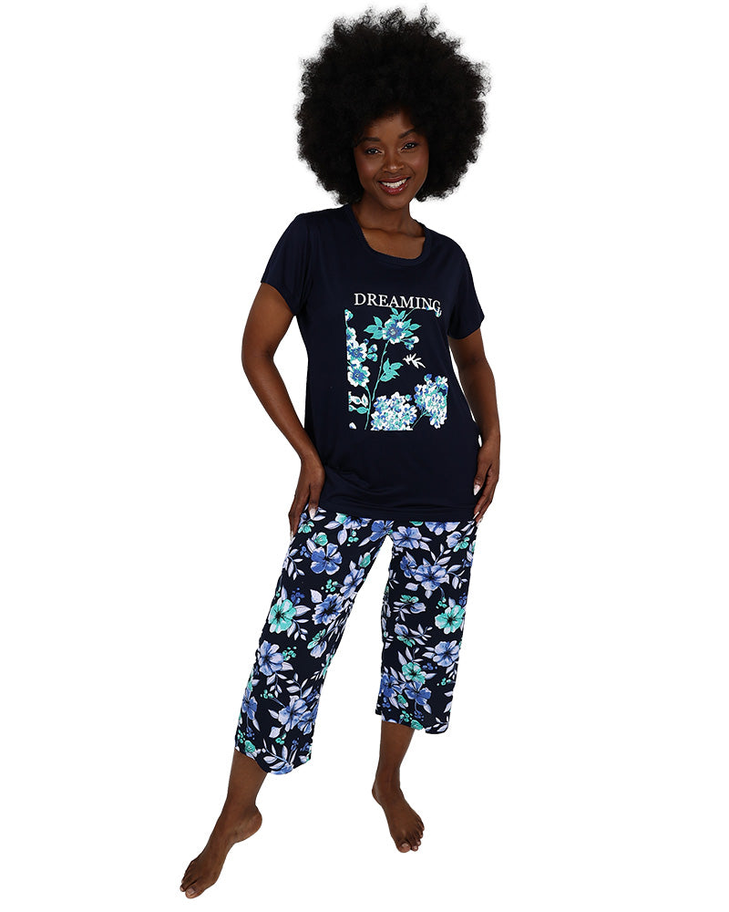 Short Sleeve Navy Floral Capri Pajyma Sets