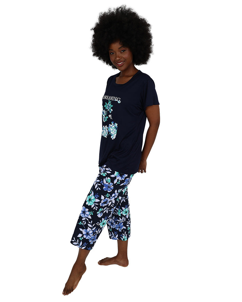 Short Sleeve Navy Floral Capri Pajyma Sets