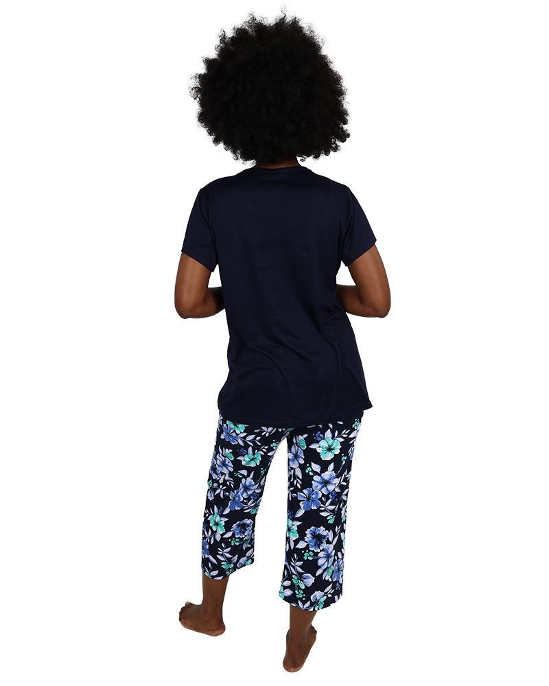Short Sleeve Navy Floral Capri Pajyma Sets