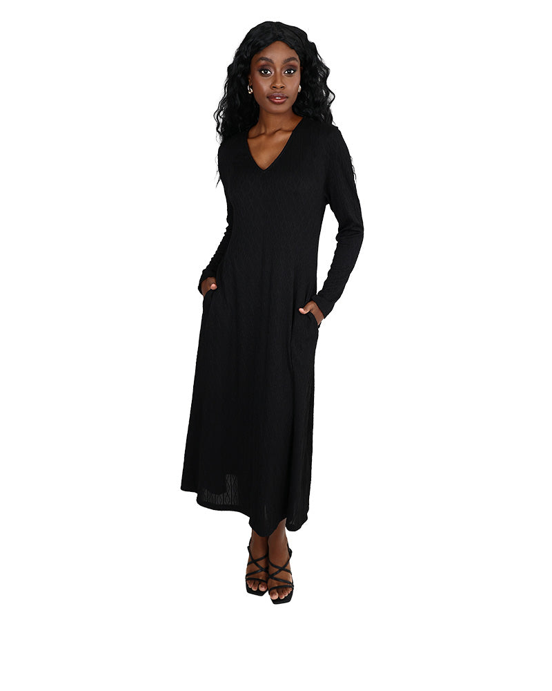 Black Long Sleeve Jacquard Maxi Dress