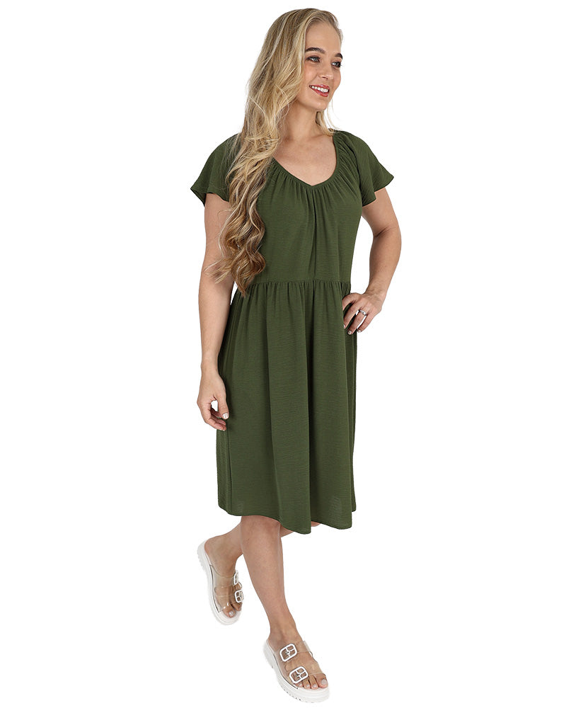 Olive Flutter Sleeve Knee Length Dress