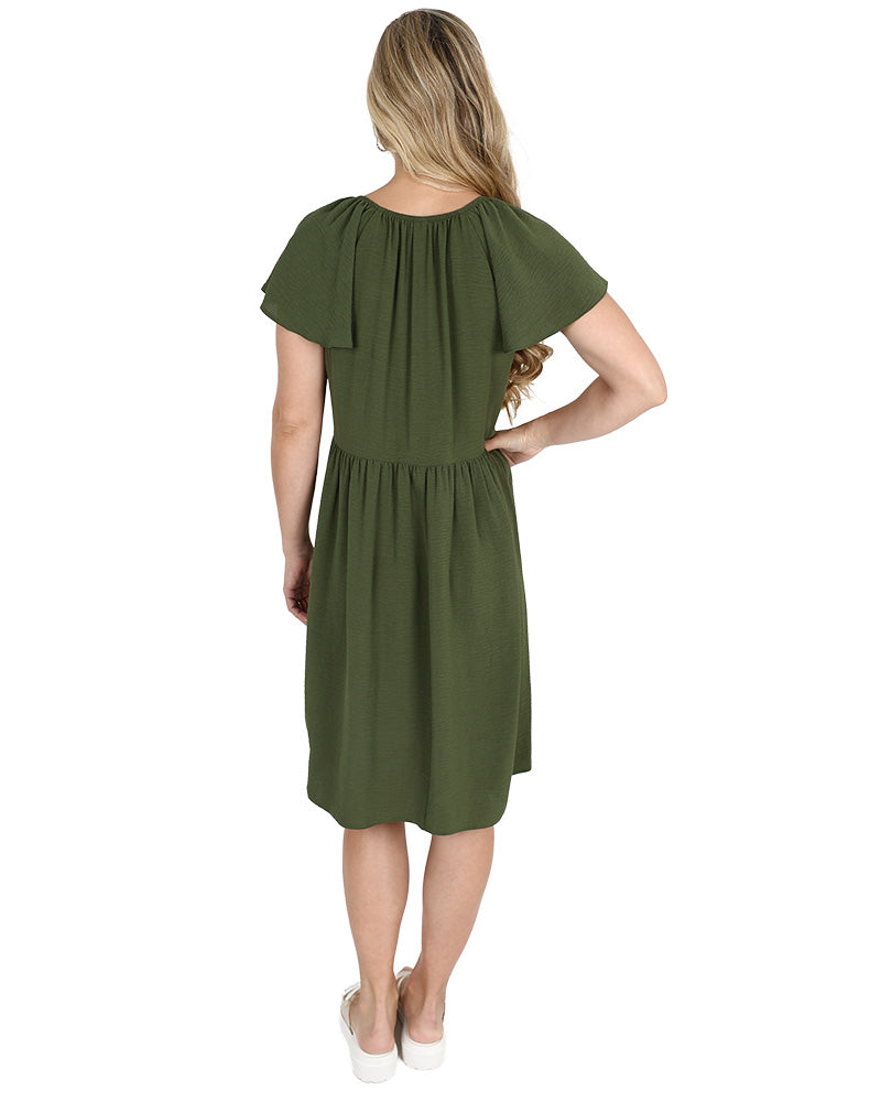 Olive Flutter Sleeve Knee Length Dress